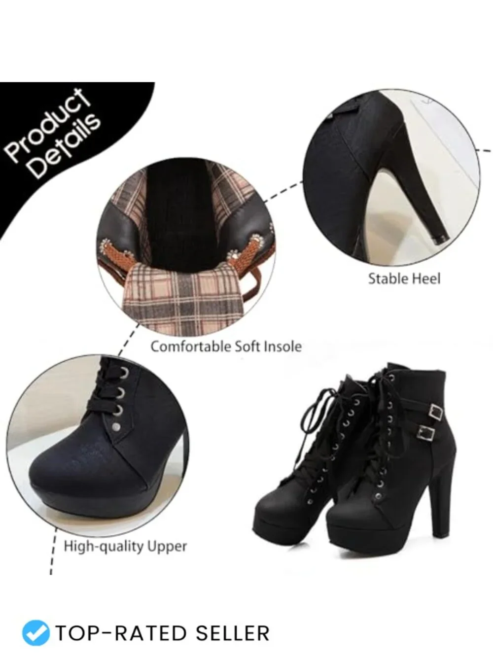 Faux Leather Lace-Up Double Buckle Chunky Heel Ankle Boots Women's Platform